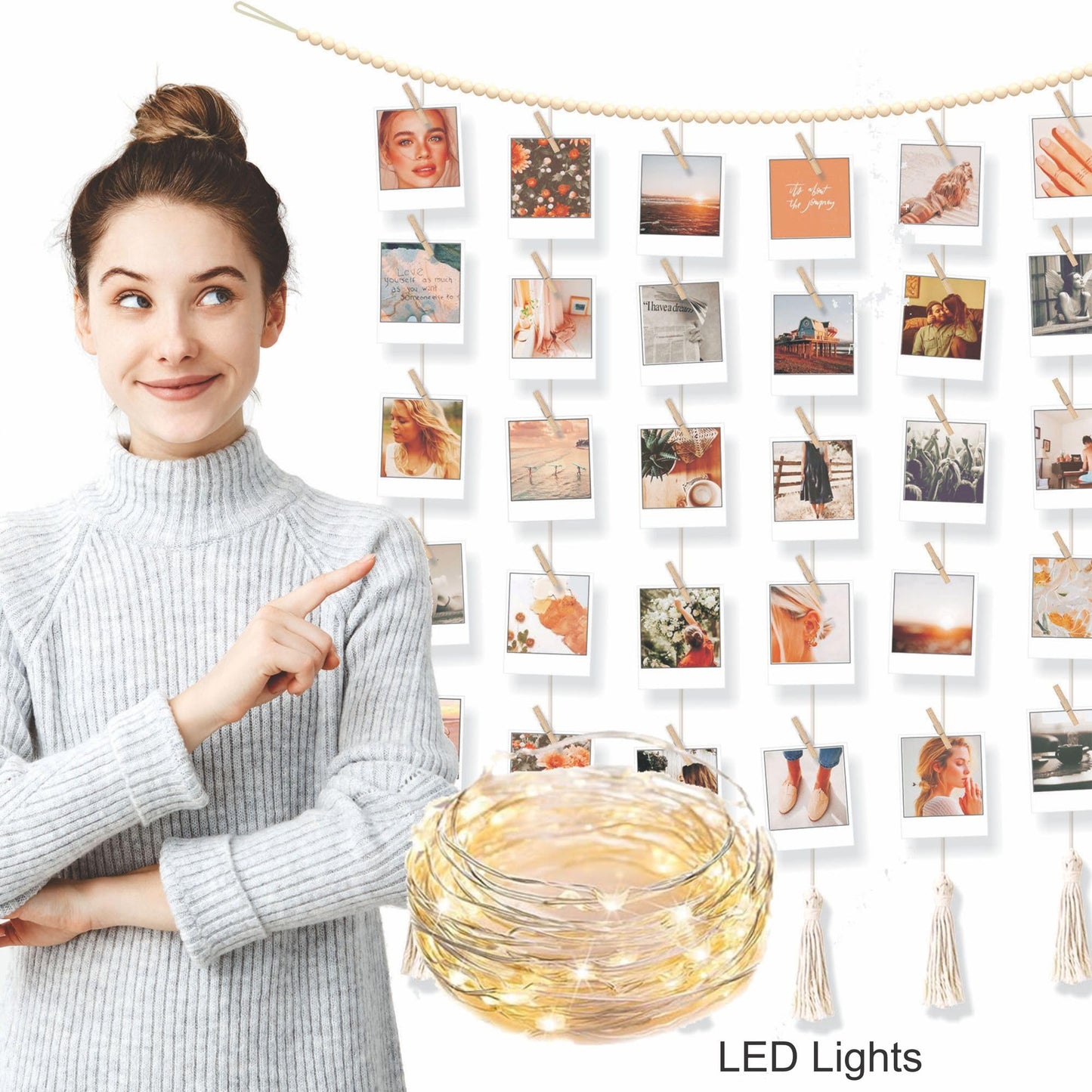 Hanging Photo Display with Clips Wall Boho Decor Beads Garland with Led Lights - Sculptural Picture Frames Collage - 30 Clothespins - 2 Non-Trace Hook - Photo Clip String Lights - 45 x 45 inch