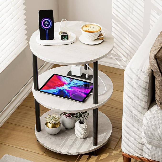 XBurmo Small Round End Table - 3 Tier Design Accent Table, Narrow Side or Bedside Stand, Industrial Vintage Table for Small Spaces, Built-in USB Ports and Power Outlet, Greige