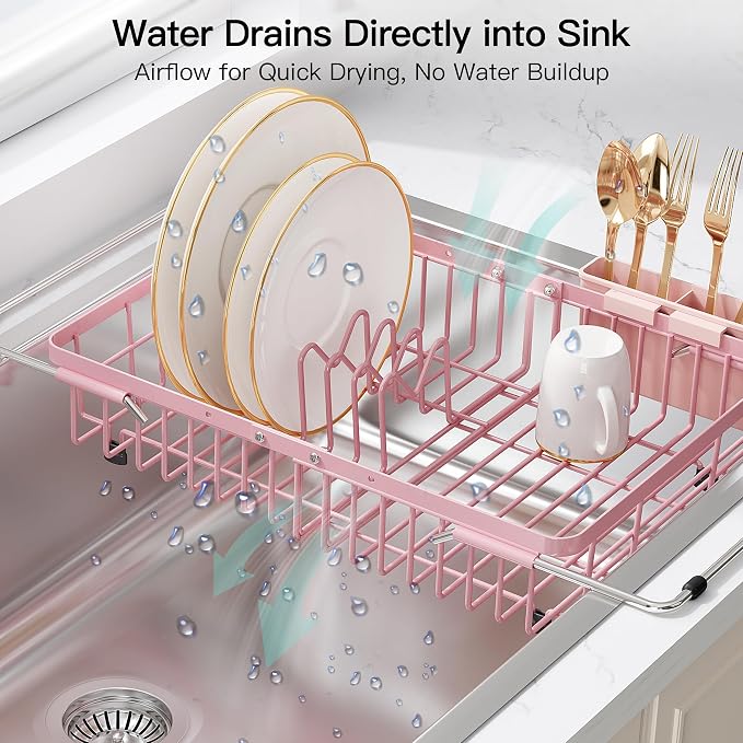 JASIWAY Pink Expandable Stainless Steel Dish Drying Rack Over The Sink for Small Kitchen, Counter Space Saving Compact Plate Drainer Strainer, Adjustable Hanging Metal Dish Dryer with Utensil Holder