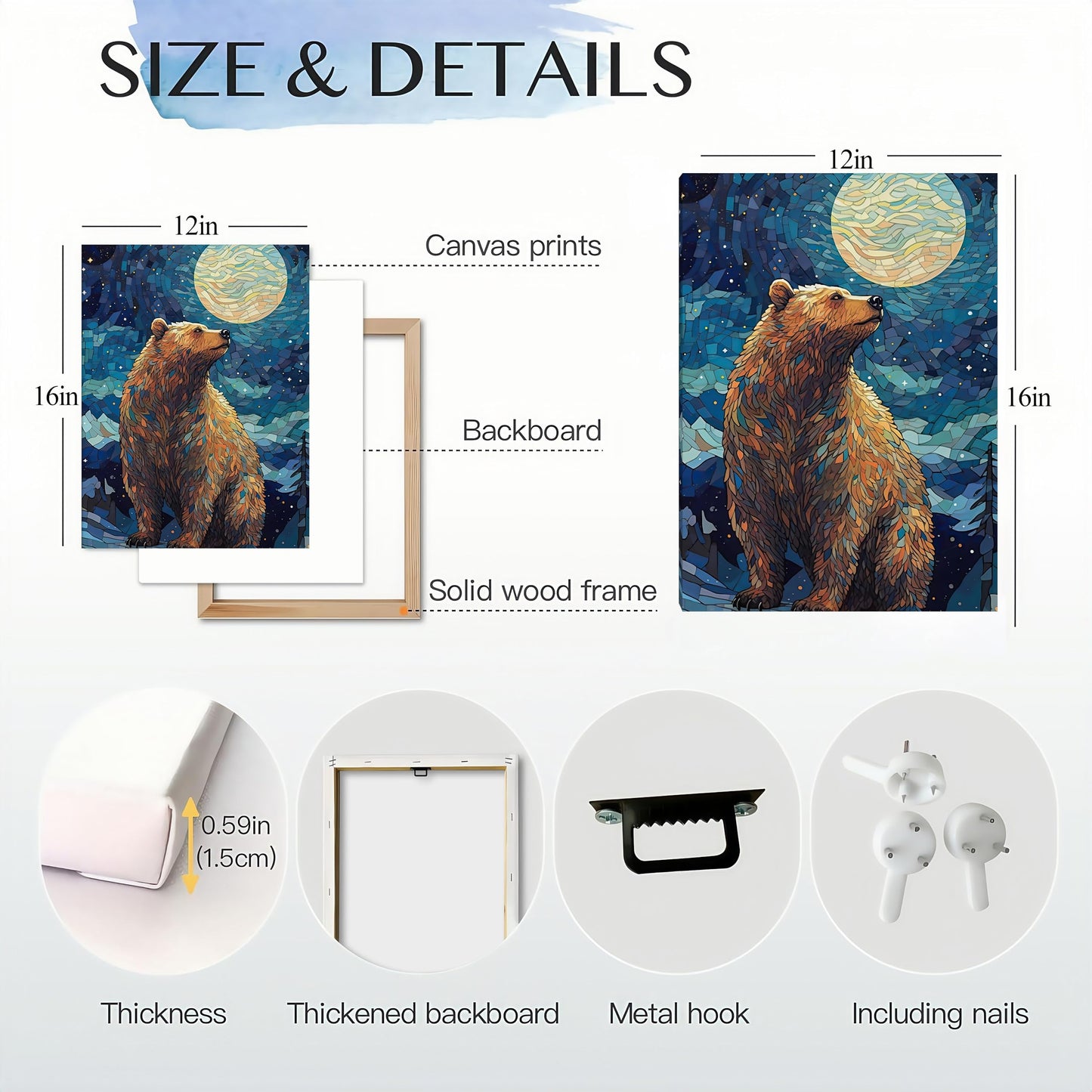 Mosaic Bear Wall Art,Starry Sky Dreamy Constellation Animal Canvas Print,Kid's Room Colors Wall Art,Wildlife Nature Home Decor,Modern Canvas with Framed Canvas Print,Framed 12 X 16in