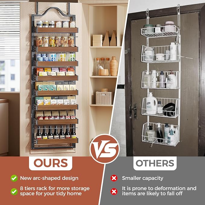 8-Tier Pantry Door Organizer, Over the Door Pantry Organizer with Wooden Adjustable Baskets, 2 IN 1 Spice Rack Wall Mount or Door Organizer, Door Spice Rack for Pantry（72.6×17.1×5.1in,Black)