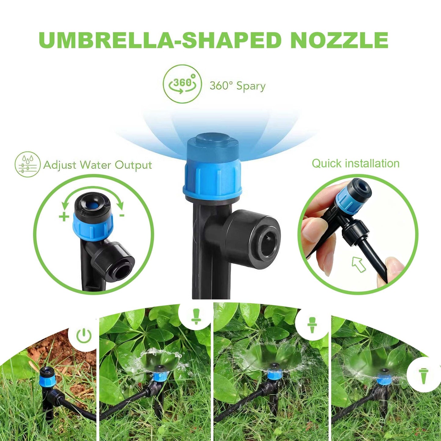 Torioweg Brass Connector Drip Irrigation System, Quick-Connect Garden Watering System Kit with Adjustable 360° Umbrella & Drip Emitters for Greenhouse, Garden Grid, Lawn, Potted Plant (15FT+ 78FT)