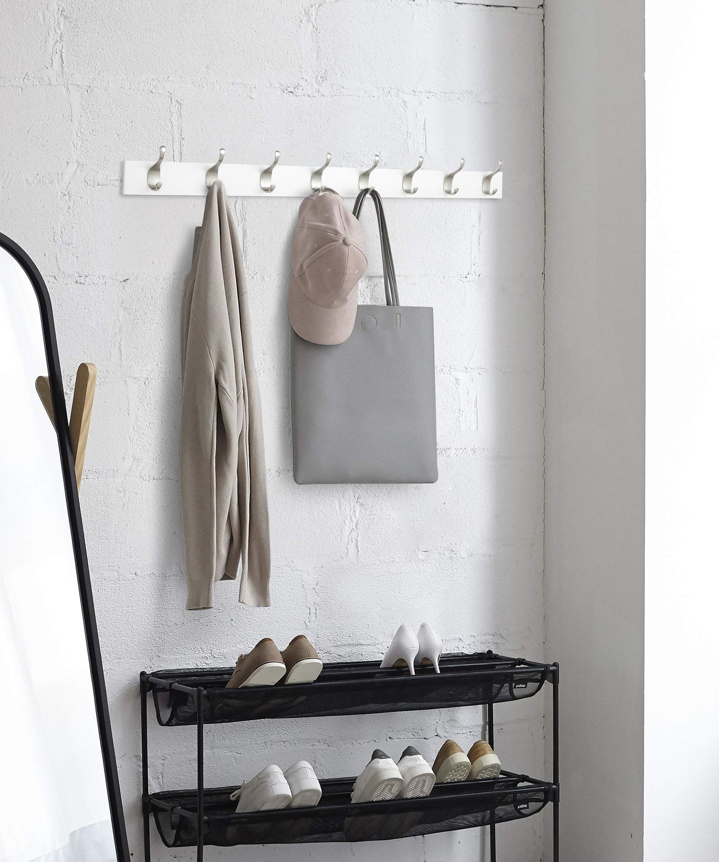 Amazon Basics Wall Mounted Modern Coat Rack for Entryway and Bedroom with Versatile Storage Hooks, Rectangular, 8-Hook, White