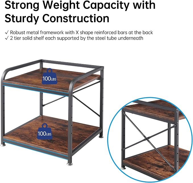Fannova Under Desk Printer Stand, 20 Inches Deep Large Printer Table with Height Adjustable Storage Shelf, 2 Tier Rolling Printer Cart with Wheels for Home Office - Rustic Brown