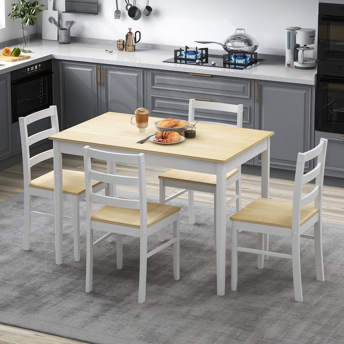 Giantex 5-Piece Dining Table Set for 4, 45" Rectangular Kitchen Table and Chairs Set with Solid Rubber Wood Legs, Space Saving Dinette Set for Small Space, Breakfast Nook, Restaurant (Beige)