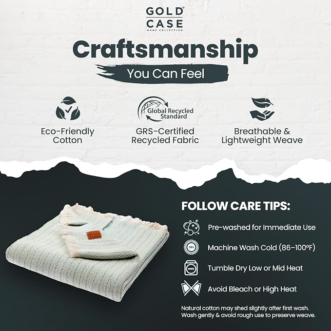 Gold Case Throw Blanket for Couch - 100% Recycled Turkish Cotton Blankets & Throws - Vintage Soft Throw Blankets for Living Room - Boho Decorative Woven Couch Blanket - 60x80 - Aqua