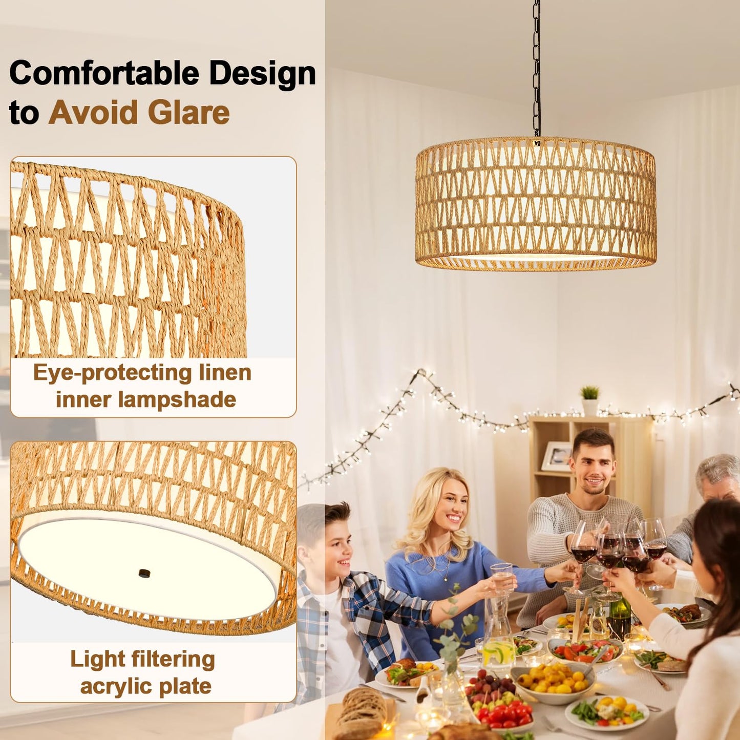 Farmhouse Chandelier Light Fixture, 5-Light Rattan Boho Chandeliers for Dining Room, Hand Woven Pendant Light with Linen Shade, Rustic Hanging Lighting for Kitchen Island, Bedroom (Bulb Not Included)