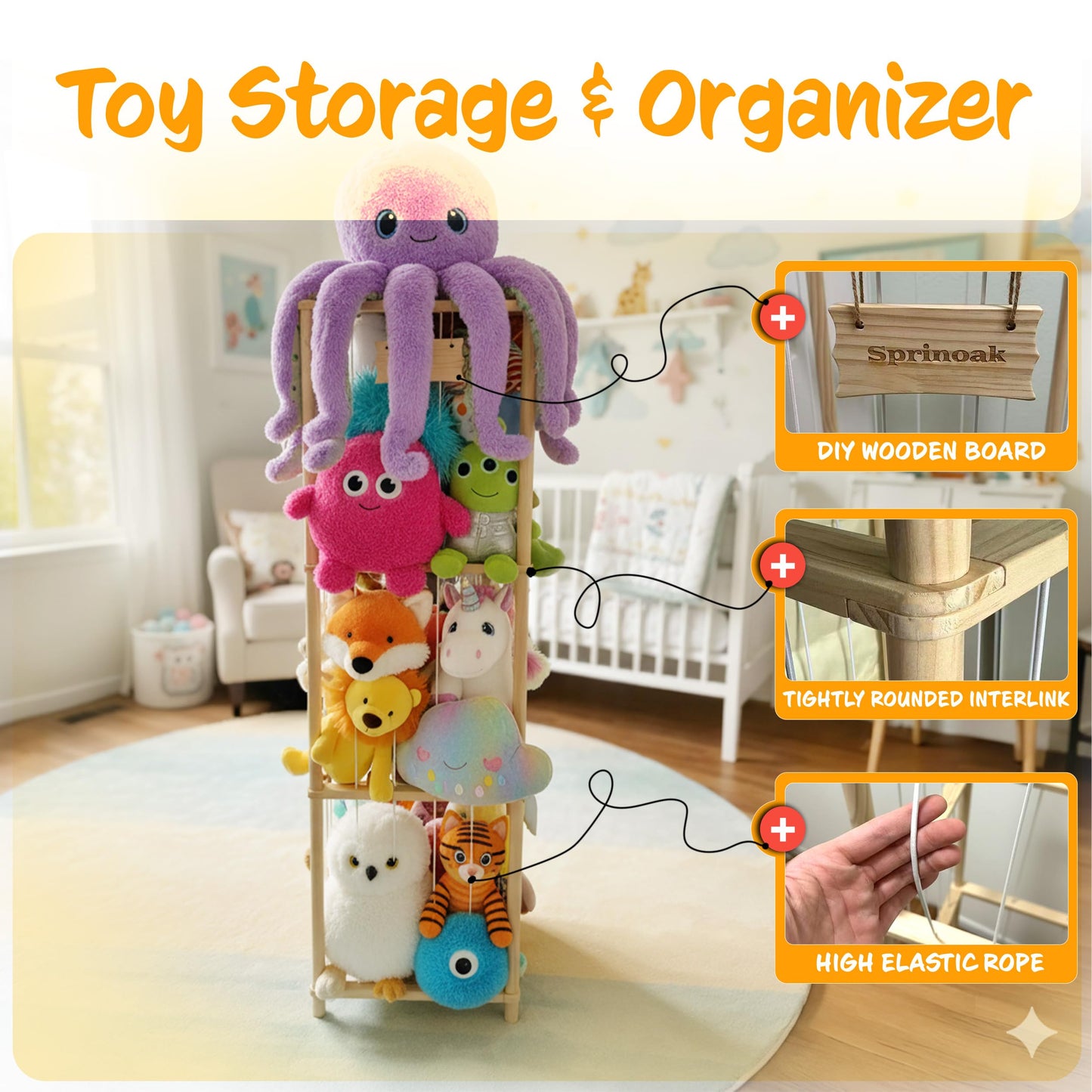 54-Inch Tall Stuffed Animal Storage Organizer - Premium Wooden Plush Toy Holder Zoo, Large Toy Storage Tower with Elastic Rope & Side Storage Bag for Kids Room, Nursery, Playroom, Corner (Sprinoak)
