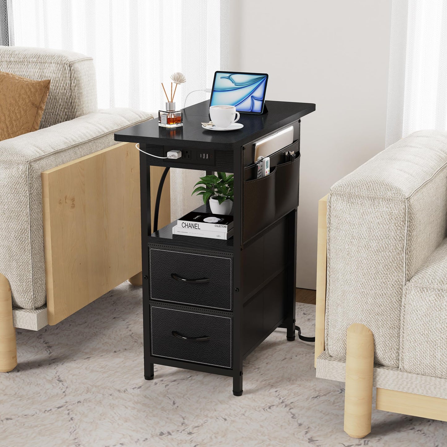 Yenlure Small Side Table with Charging Station, Narrow Nightstand Bedside Tables with Storage Pocket for Living Room Bedroom, Sofa End Table with USB Ports and Power Outlets for Small Spaces