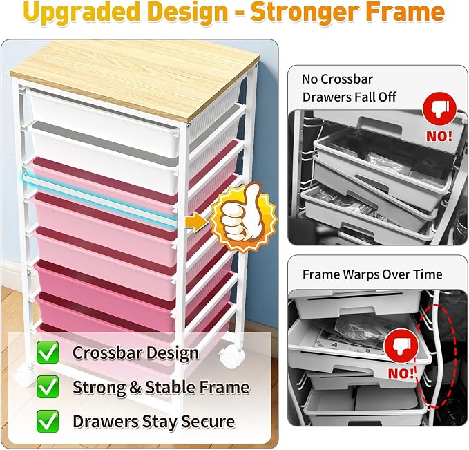 SUNALLY Rolling Storage Utility Cart With 8 Drawers, Storage Drawer Cart with Wooden Tabletop and 2 Lockable Wheels, 8 Tier Rolling Cart for Craft Art Supply Storage & Home Office Organization, Pink