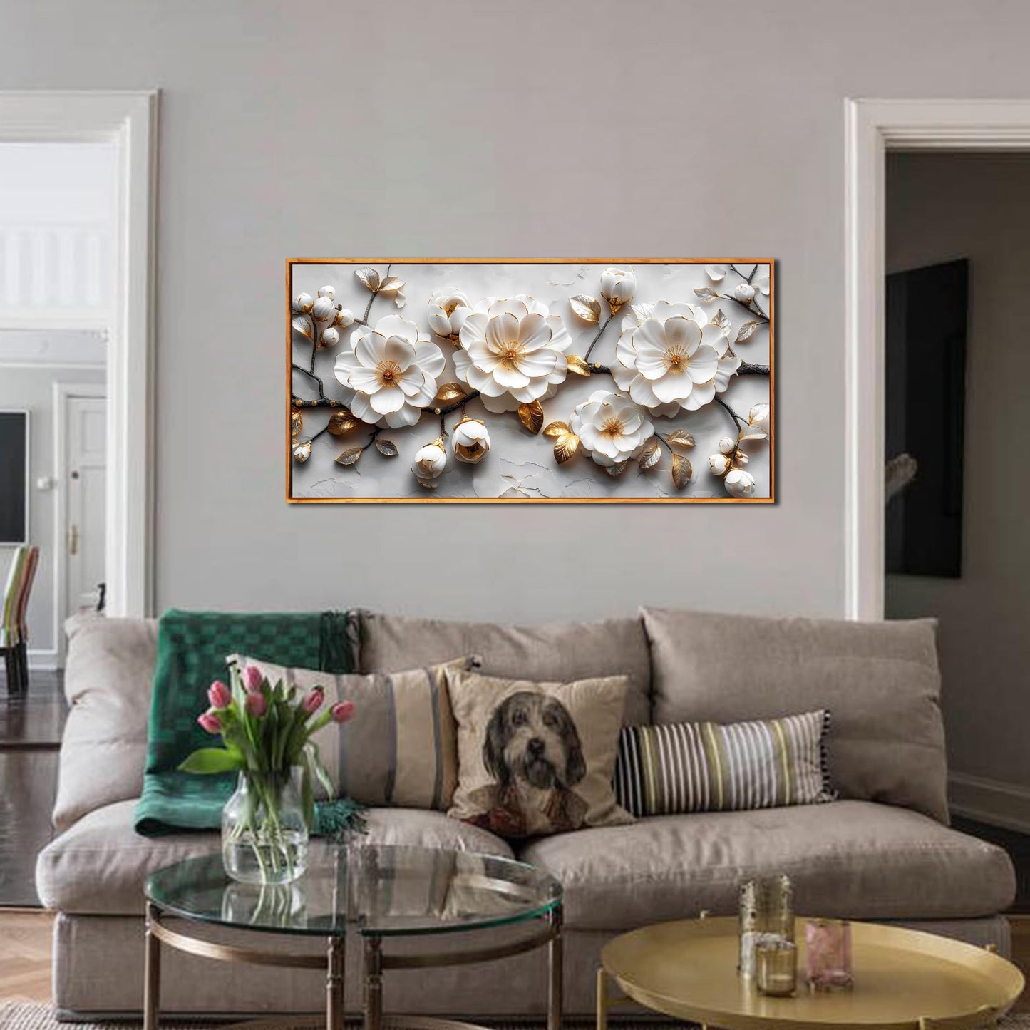 Ouzzlie Floral Wall Decorations White Pictures Modern Framed Poster Wall Art Gold Wall Decor Big Artwork 29"x 59"