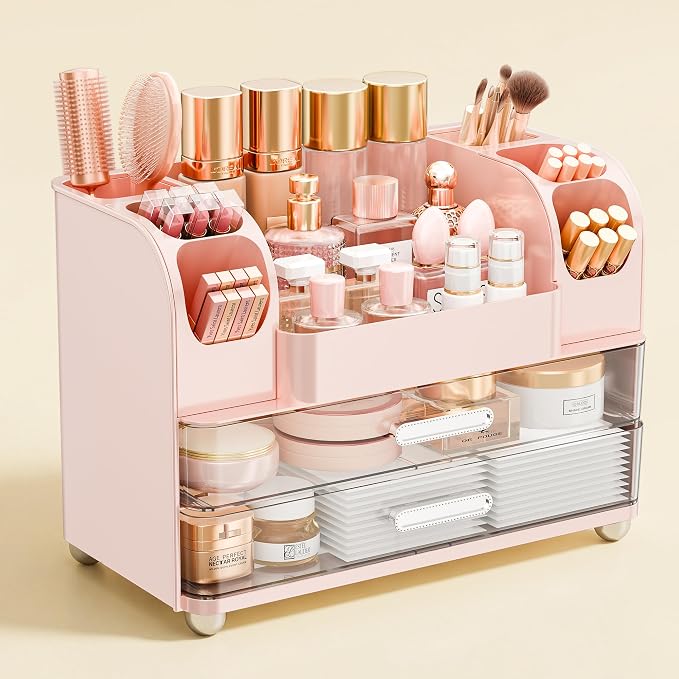 Makeup Organizer for Vanity with Brush Holder, Large Bathroom Countertop Organizer & Skincare Storage | Perfume, Cosmetics Display Case with Drawers (Pink)