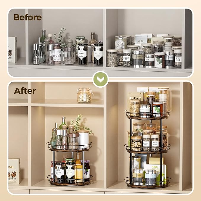 LAMU 10'' Lazy Susan Turntable Organizer, 3 Tier Round Rotating Spice Rack Organization for Kitchen Cabinet and Countertop, Wooden Lazy Susan for Table Top, Pantry, Bathroom, Vanity, Home Decor