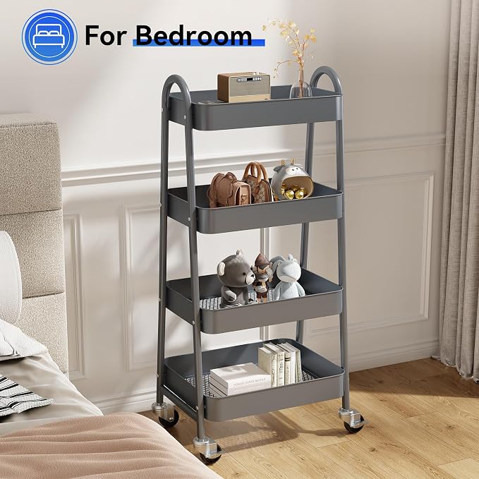 OLIXIS Metal 4 Tiers Utility Rolling Cart, Mobile Storage Shelf with Lockable Caster Wheels, Organization for Livingroom, Bathroom & Narrow Places, 4-Tier Gray