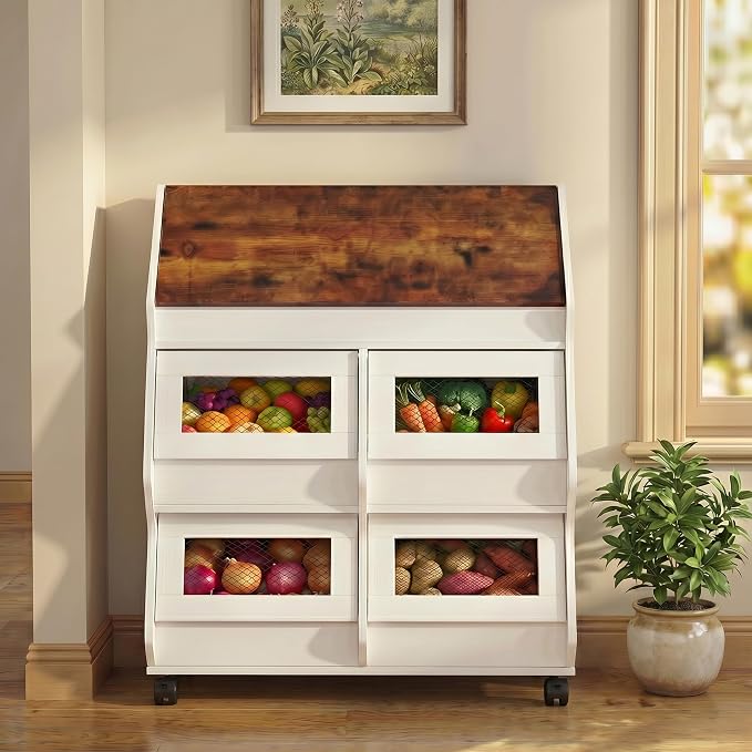 ARTETHYS Potato and Onion Storage Bin with Wheels, 3 Tier Bread Container with Lid, Ventilated Vegetable Organization Cabinet for Kitchen