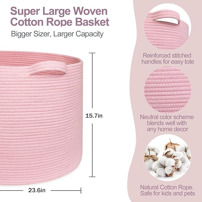 MEGASKET 115L Oversized Pink Basket, 23.6"x15.7" Woven Cotton Rope Bin with Handles, XXXL Blanket Storage for Living Room, Kids Toy Storage Bin Box, Baby Laundry Basket for Organizing, Pink Room Decor
