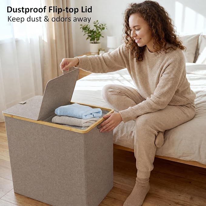 efluky Laundry Hamper with Lid, Double Laundry Basket with 2 Removable Bags, 2 Section Laundry Bin with Bamboo Handles for Bathroom, Bedroom & Laundry Room, 140L (36.9 Gallon) Oat