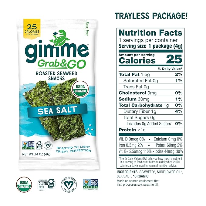 Gimme Seaweed Grab & Go Organic Premium Roasted Seaweed Snacks, Sea Salt, 18 Count Trayless, Keto, Vegan, Gluten-Free, Great Source of Omega3s and Iodine, Healthy On-The-Go Snack for Kids and Adults