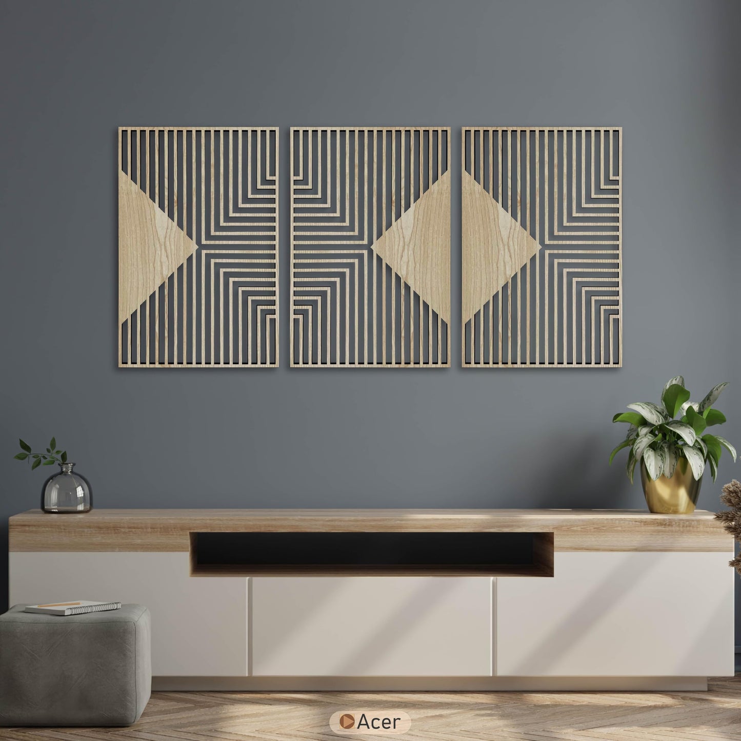 Diamond Wood Wall Art Triptych, Art Deco Inspired Geometric Wooden Panels, Mid Century Modern Minimalist Decor, Large Housewarming Gift for Living Room and Bedroom