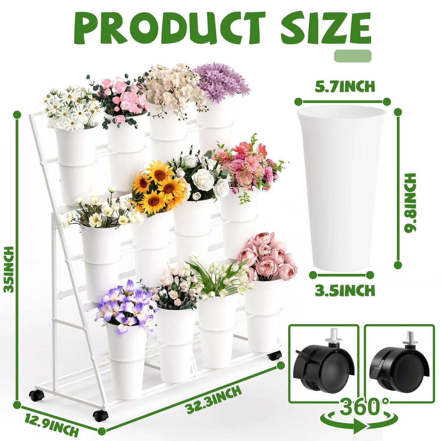 Invech Flower Display Stand with 12 Buckets and Wheels, 3 Tier Flower Cart Display Stand for Indoor Outdoor Garden, Wedding, Flower Shop (White)
