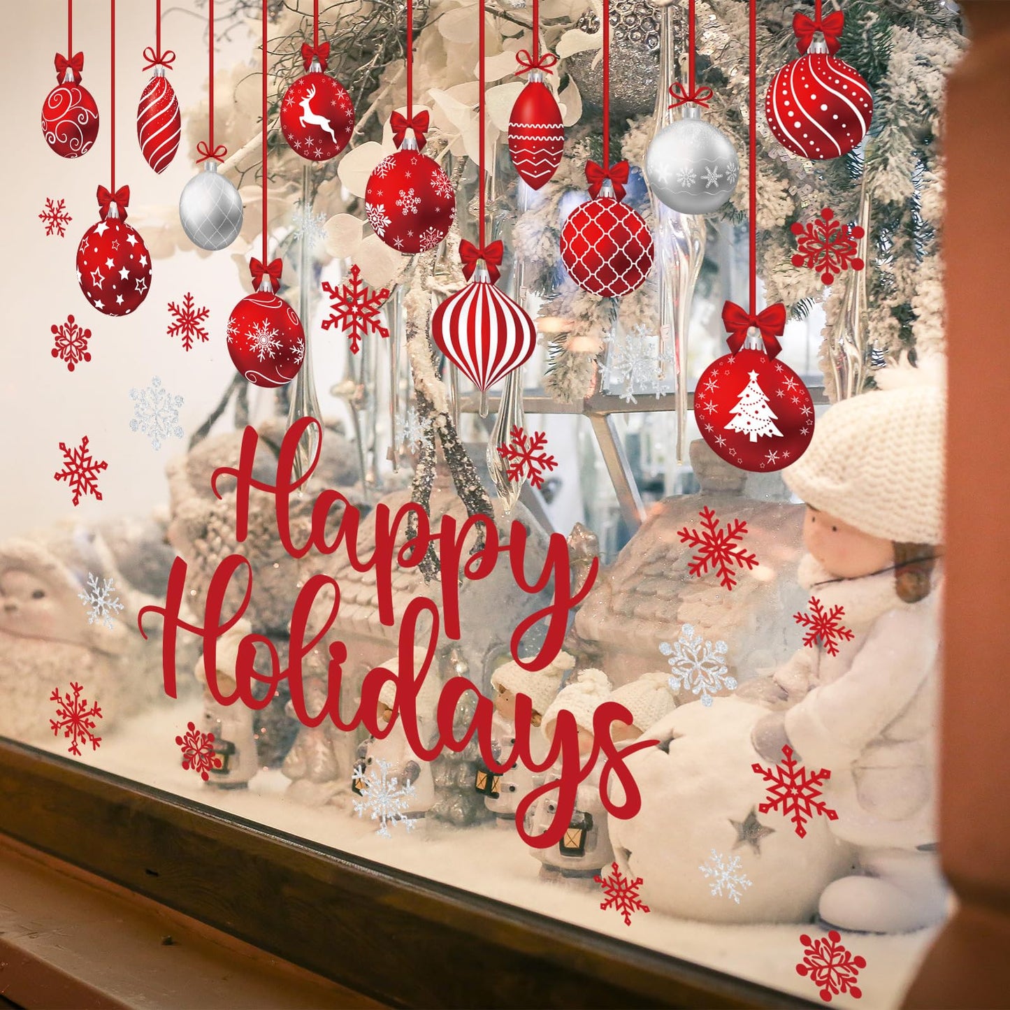 Red Merry Christmas Window Clings 6 Sheets, Happy Holiday Winter Snowflake Window Decals Stickers for Home Xmas Party Decorations Supplies, Reusable Happy New Year Cling for Windows (Xmas)