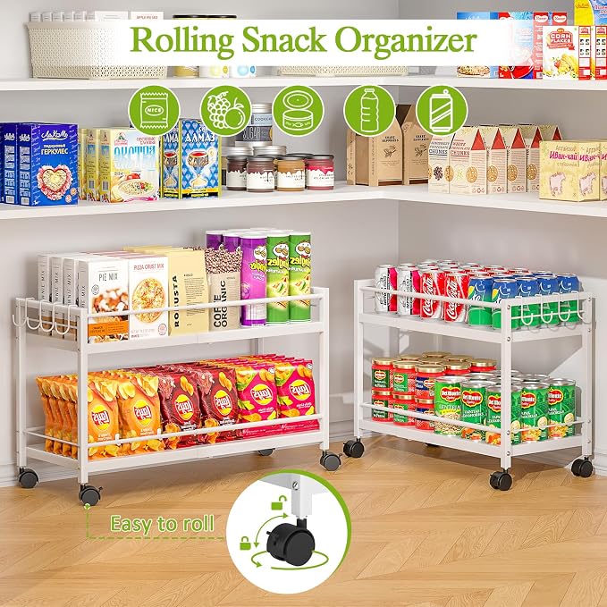 1 Pack 2-Tier Expandable Pantry Floor Organizer Cart, Rolling Pantry Storage Cart with Wheel, Adjustable Can Organizer for Kitchen Pantry, Pantry Shelves and Storage Rack for Snacks, Vegetables, White