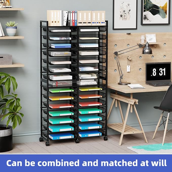 Simple Trending 15-Tier Rolling File Cart, Desk File Organizer with 14 Mesh Sliding Trays, Letter & Legal Paper Storage Rolling Utility Cart for Office Home School, Black
