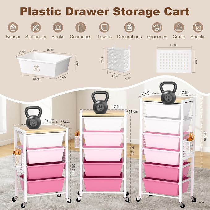 Rolling Cart with Drawers, Rolling Storage Cart with Large Plastic Drawers & Wooden Tabletop, Utility Cart with Pegboards & Basket, Storage Drawers Cart for Living Room, Classroom, Bedroom, Office