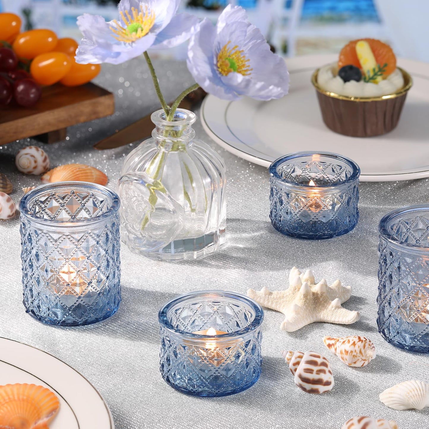 MATAHUM 20 Pcs Blue Tealight Candle Holders,Glass Votive Candle Holders Bulk, 2 Sizes for Wedding Centerpieces, Beach Theme Bridal Shower, Baby Boy Shower, and Birthday Party Decor