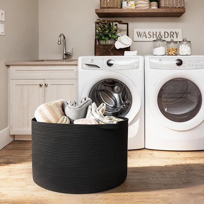MEGASKET Large Black Blanket Basket, 22" X 22" X 14" Woven Rope Bin for Storage, Kids Dog Toy Storage Box Organizer Bins, Blanket Holder for Living Room, Decorative Wicker Basket for Organizing