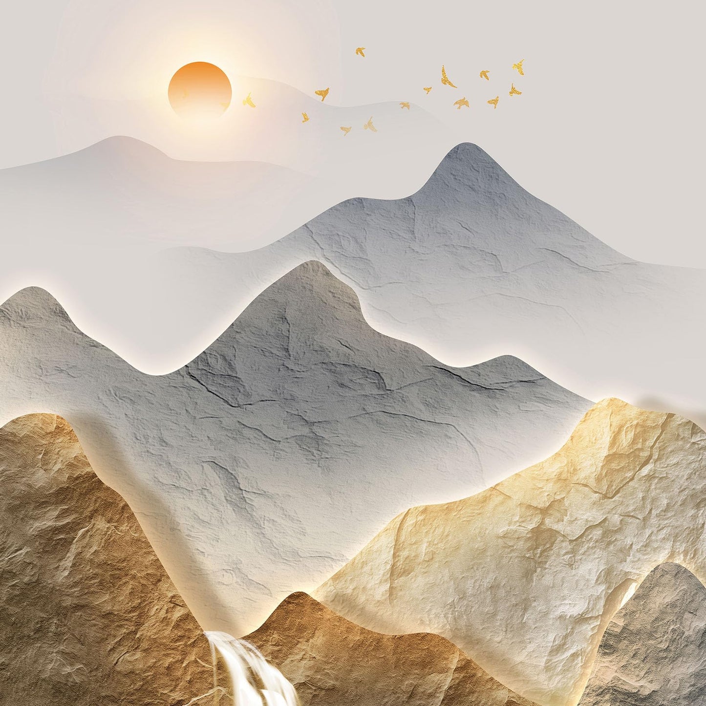 Framed Luxury Mountain Wall Art for Hallway, Extra Large Modern Landscape Canvas Artwork, Blue Gold Nature Sunrise Waterfall Painting Print for Living Room Entryway Home Office Wall Decor, 30x60 Inch