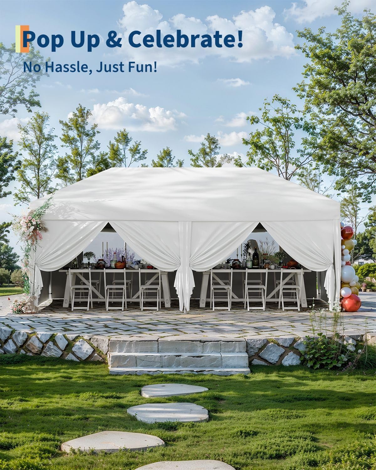 GarveeHome 10x20Ft Pop Up Canopy Tent, One Push Setup Beach Tent, Outdoor Canopy with 6 Sidewalls & Sandbags, Adjustable Height, Waterproof, Sun Shelter for Events, Camping, Backyard (White)