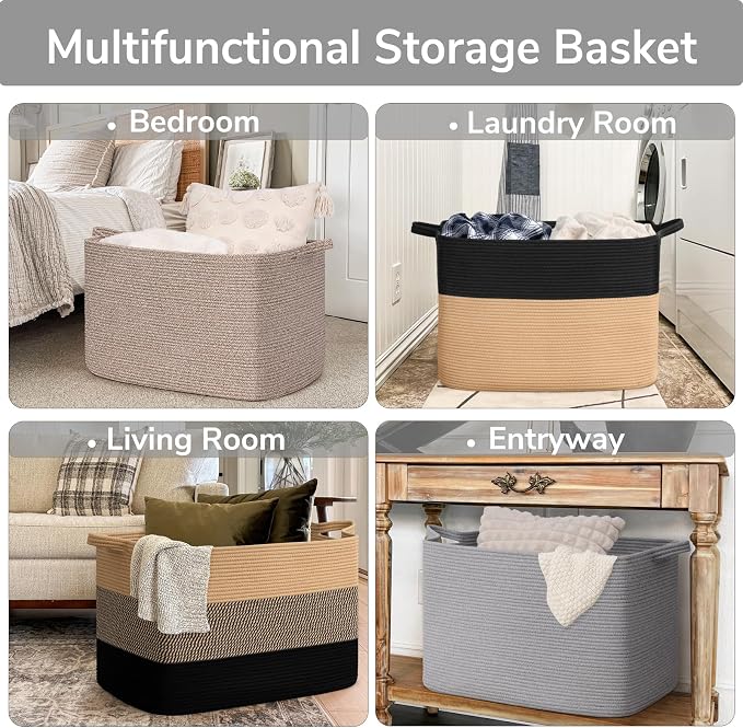 Goodpick 105L Extra Large Blanket Basket 25" x 16" x 16" Cotton Rope Storage Bins for Dirty Clothes, Rectangle Woven Laundry Basket for Living Room Bedroom, Toy Storage Baskets for Kids, Gray