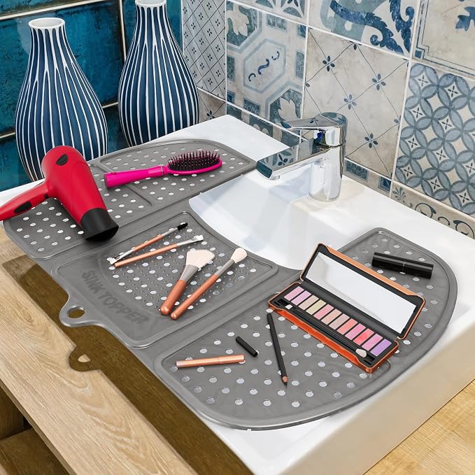 Sink Topper Bathroom Counter Cover & Storage Saver, Foldable Silicone Mat for Hot Tools, Hair Styling & Makeup, Beauty Brush Cleaning Mat, RV Camper Sink Cover & for Small Spaces (Large Silver)