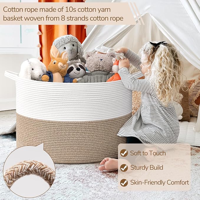 INDRESSME 115L Extra Large Blanket Basket, Soft Cotton Rope Storage Baskets for Organizing Living Room Décor Toy Storage for Kids,Decorative Woven Basket for Laundry & Towels, Light Brown