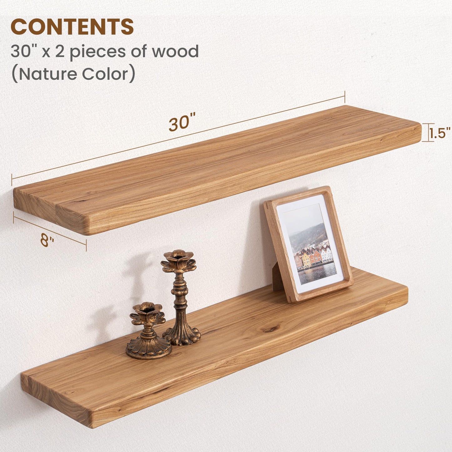 Floating Shelves for Wall, 30"Wx8"D Rustic Solid Elm Wood Floating Shelves Wall Mounted, Round Edge Wall Shelves with Invisible Bracket for Living Room Bathroom Bedroom Kitchen, Set of 2, Natural