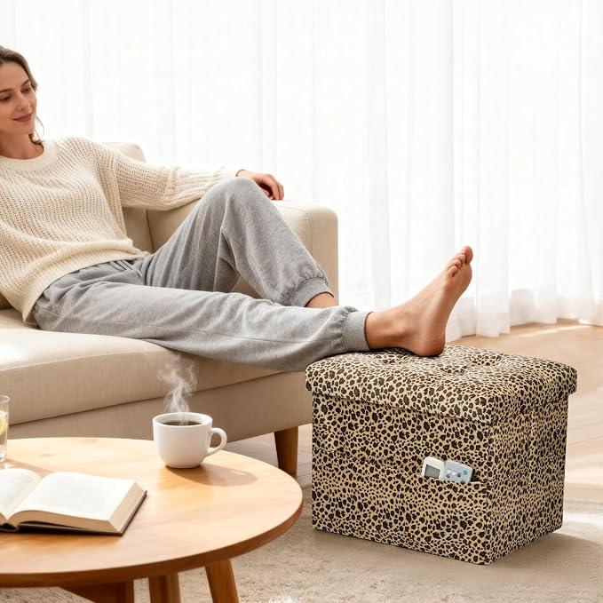 AmasSmile Storage Ottoman Folding Foot Rest Stool with Side Pocket, 17 inch Velvet Footstool Bench, Short Ottoman Bench, Storage Foot Rest Store, Blanket Chest, Leopard Print 2 Pack
