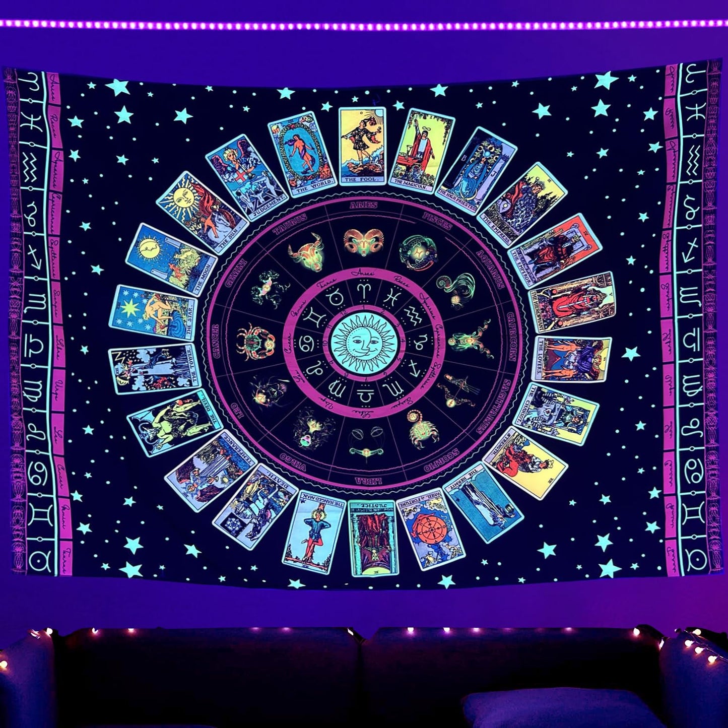 Simpkeely Blacklight Astrology Tarot Tapestry, Wheel of the Zodiac Spiritual Tapestries, UV Reactive Stars Constellation Decoration Wall Hanging Neon Tapestry for Bedroom Aesthetic - 44" x 59"