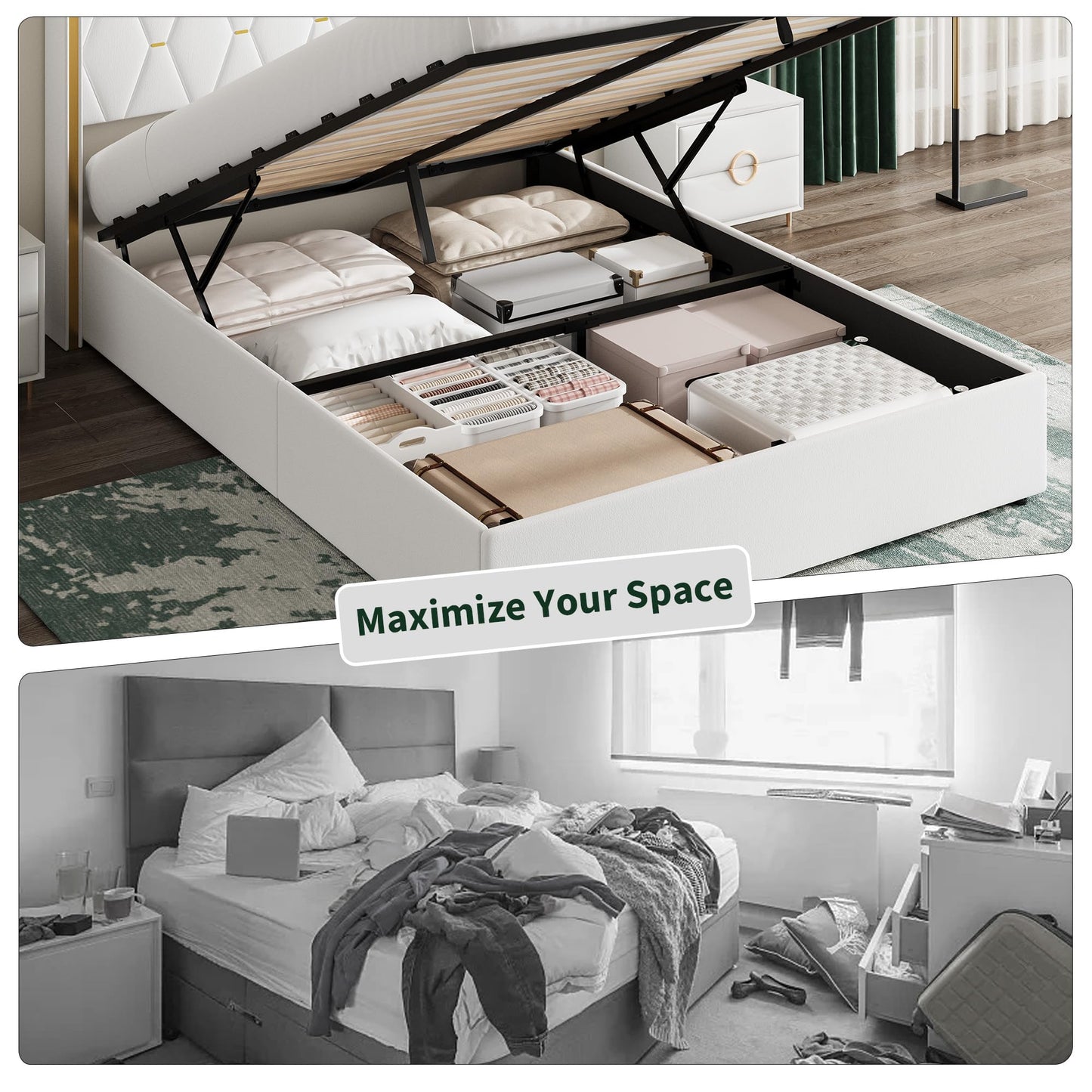 Garvee Queen Size Lift Up Storage Bed Frame with with Gold Wingback Headboard, Velvet Upholstered Bed Frame with Diamond Tufted Design & Gold Trim, Hydraulic Support, No Box Spring Needed, White