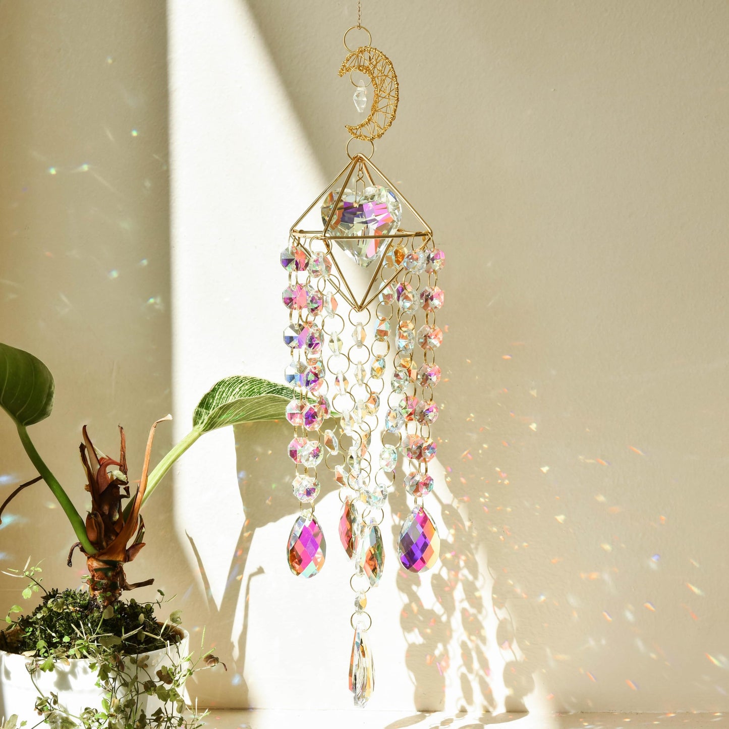 Moon Star Crystal Suncatcher Hanging Ornament - Rainbow Maker Prism Pendant for Window, Home, Garden, Wedding Decor, Ideal Gift for Mom, Women, Girls