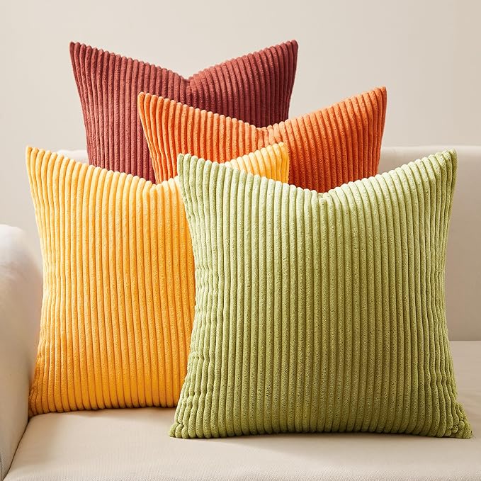 Topfinel Fall Burnt Orange Throw Pillow Covers 16x16 Set of 4,Corduroy Striped Decorative Cushion Cases for Couch Living Room Sofa Guest Bedroom Fluffy,Small Cute Shams