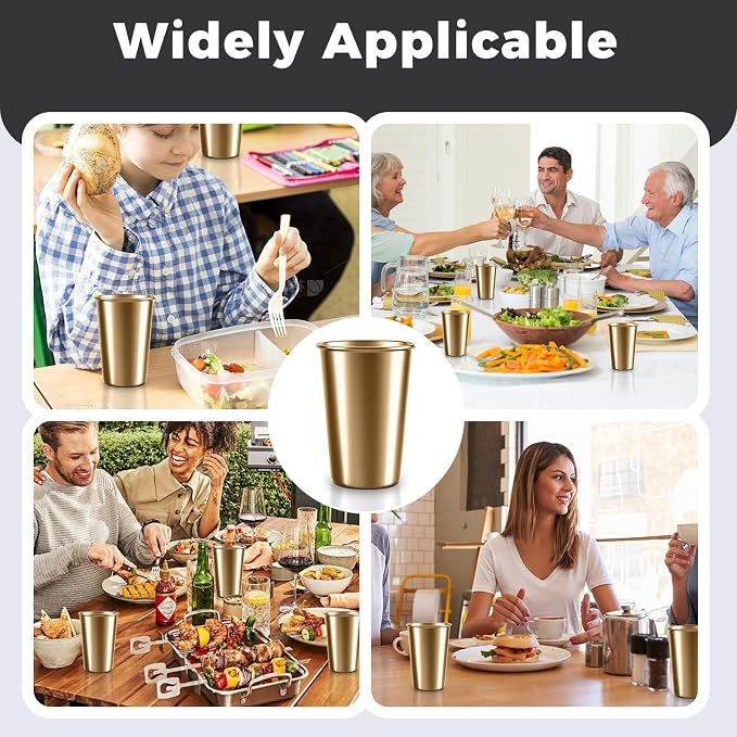 5 Pack 16 oz Stainless Steel Pint Cups,Stainless Steel Cup,Pint Cup Tumbler，water Tumbler,Stackable,Reusable,BPA Free (16oz-10pack-Gold steel)