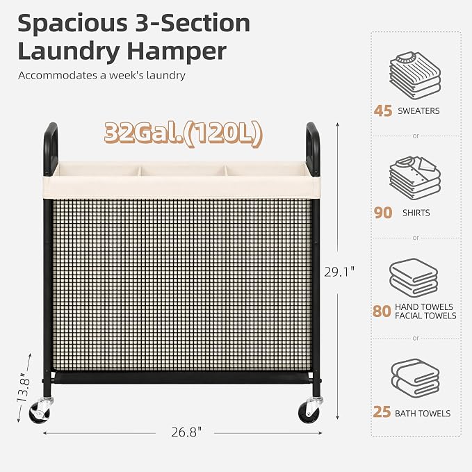 STORAGE MANIAC Rolling Laundry Hamper with Wheels 3-Section Laundry Sorter Rolling Laundrys Basket on Wheels with Removable Bag Clothes Hamper Laundrys Organizer Cart Bathroom Bedroom 120L Beige