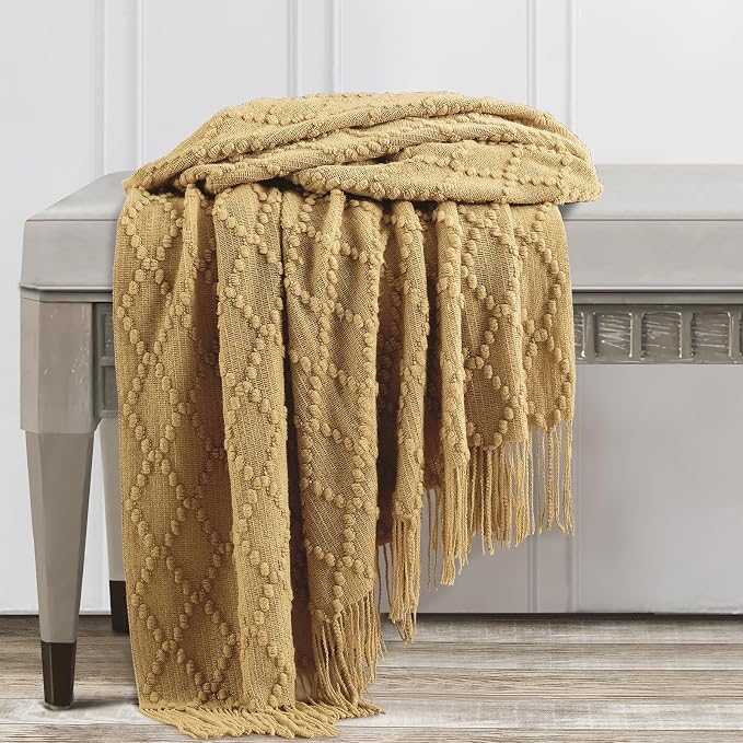 BOURINA Mustard Throw Blanket 50 x70 Inches Jacquard Argyle Throw Textured Solid Soft Throws and Blankets for Sofa or Bed Knitted Decorative Blanket
