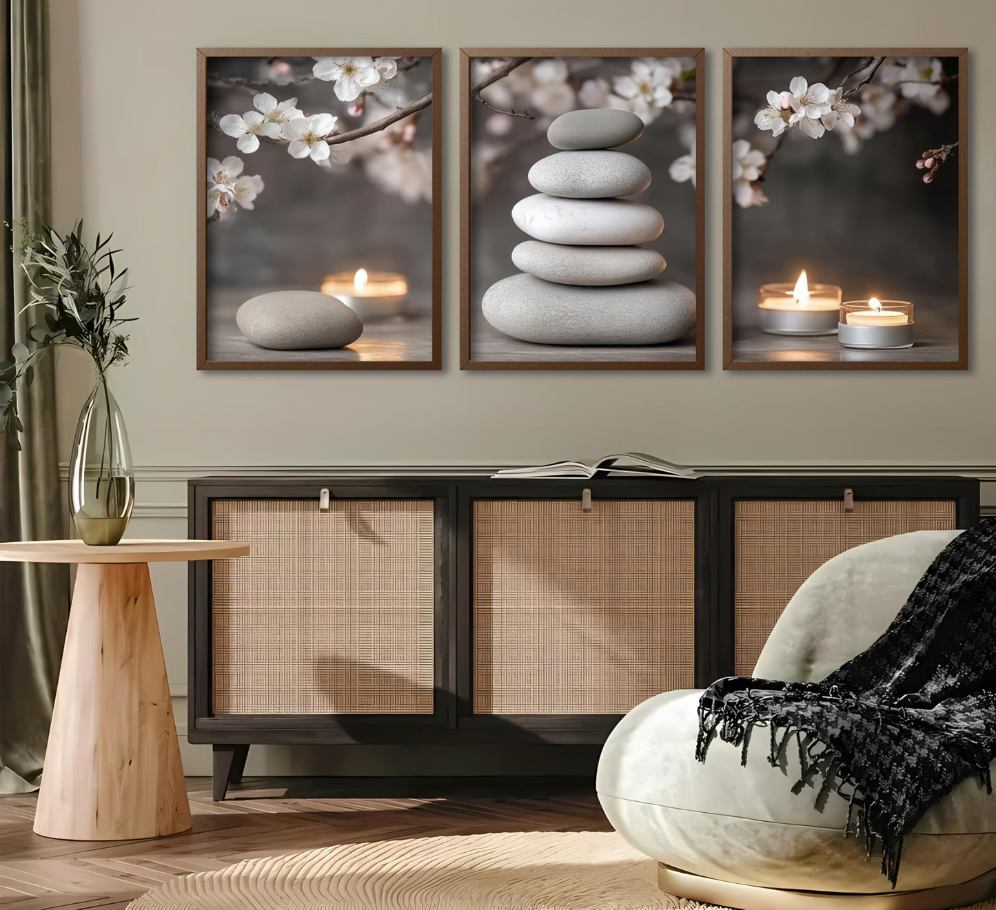ZHJIOFXG 3 Piece Zen Canvas Wall Art Stacked Stones Cherry Blossom Candle Spa Wall Decor Calming Minimalist Neutral Poster Print Art for Bathroom Bedroom Yoga Room Office Living Room 12x16in Unframed
