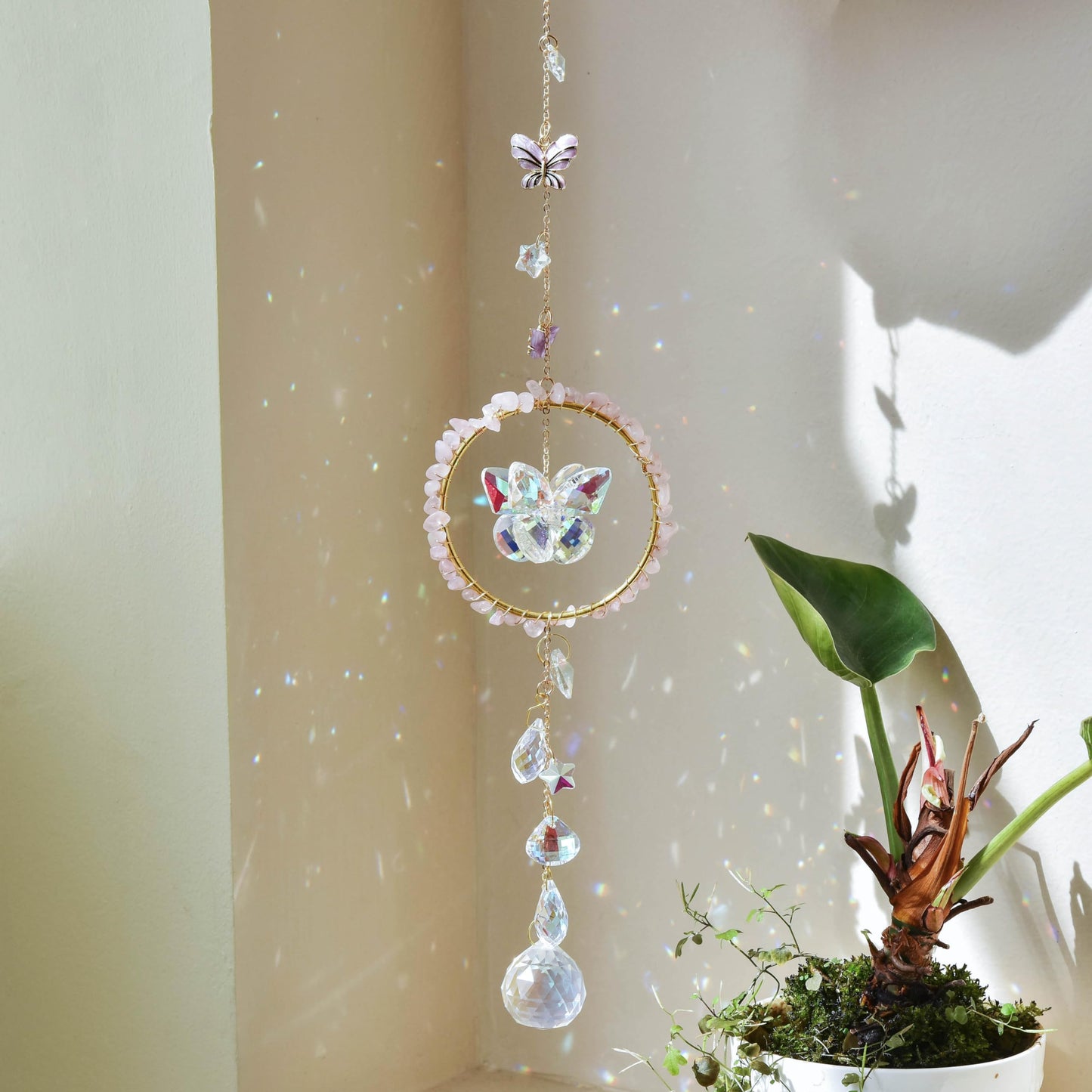 Pink Crystal Butterfly Sun Catcher, Elegant Home Decoration for Living Room, Bedroom, Dining, Kitchen, & Bath, Birthday Gift, Valentine's Day Gift