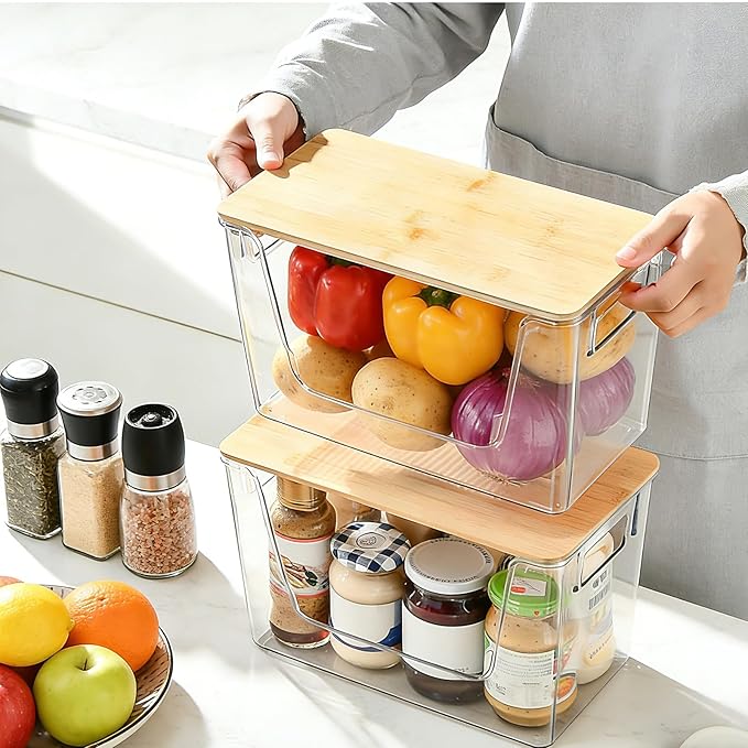 2 Set Pantry Organizers and Storage - Stackable Pantry Storage Bin Containers for Potato, Onion, Garlic, Fruit, Vegetable, Produce - Clear Front Open Kitchen Under Sink Organizer with Lid