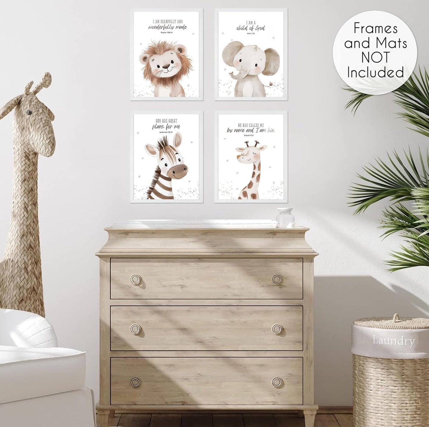4Pcs Nursery Bible Verse Animal Canvas Wall Art Funny Cute Safari Animals Christian Painting Picture Wall Decor Lions Elephant Giraffe Zebra Poster Print Artwork for Boys and Girls Home Decoration