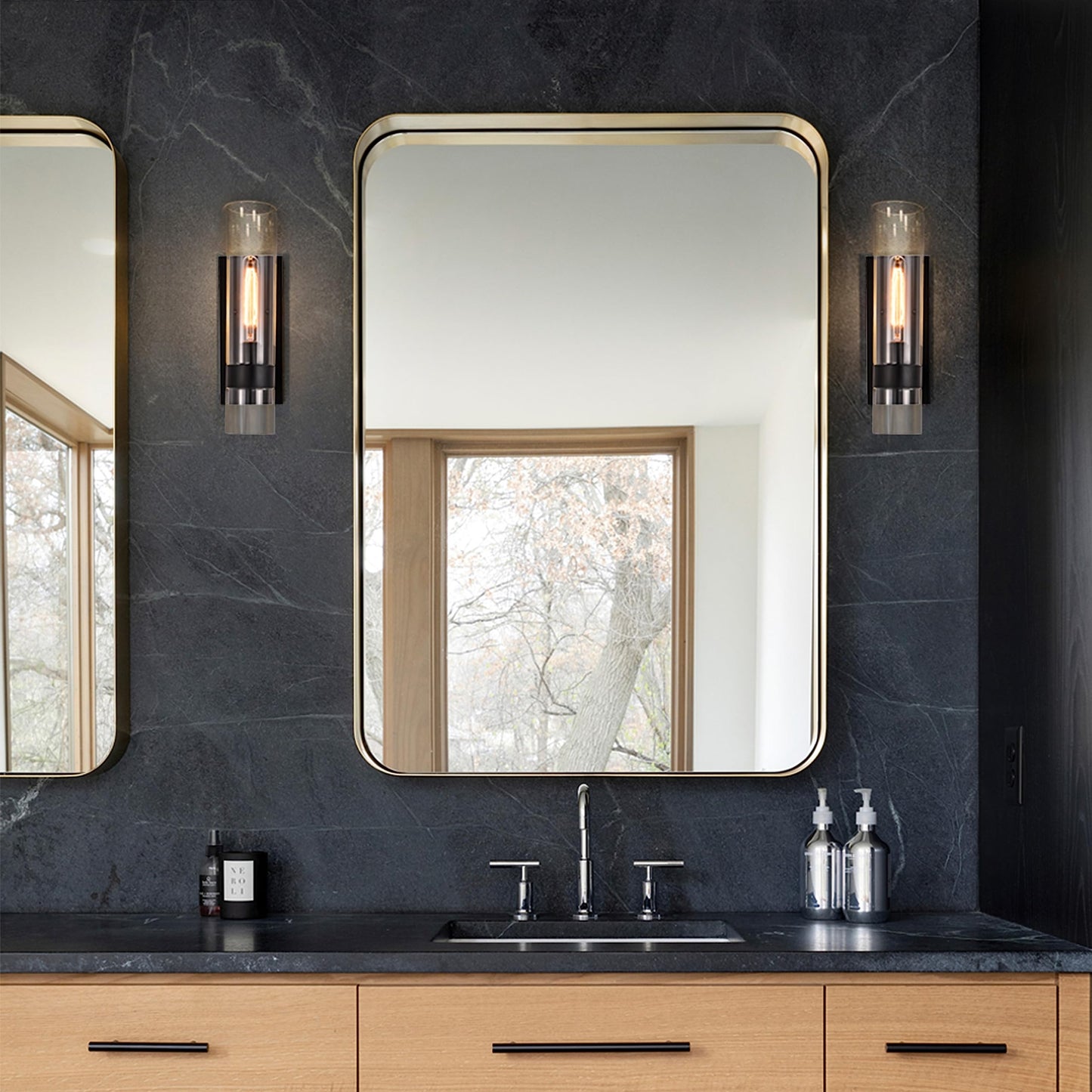 Hyperion house Indoor Wall Sconces Set of Two, Modern Black Bathroom Sconces Wall Decor with Cylinder Glass, Wall Lamps for Bedroom Hallway Vanity Kitchen Lighting Fixtures Set of 2