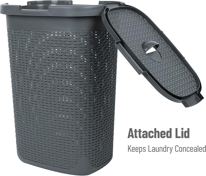 Mind Reader 60L Slim Laundry Hamper, Clothes Basket, Lid, Wicker Style, Plastic, 17.65"L x 13.75"W x 24.15"H, Set of 2, Gray